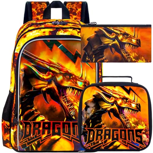 Image of 3Pcs Boys Backpack, 16 inch Boy School Bookbag for Elementary Preschool Kindergarten, Kids Dragon Backpacks with Lunch Box(Orange)