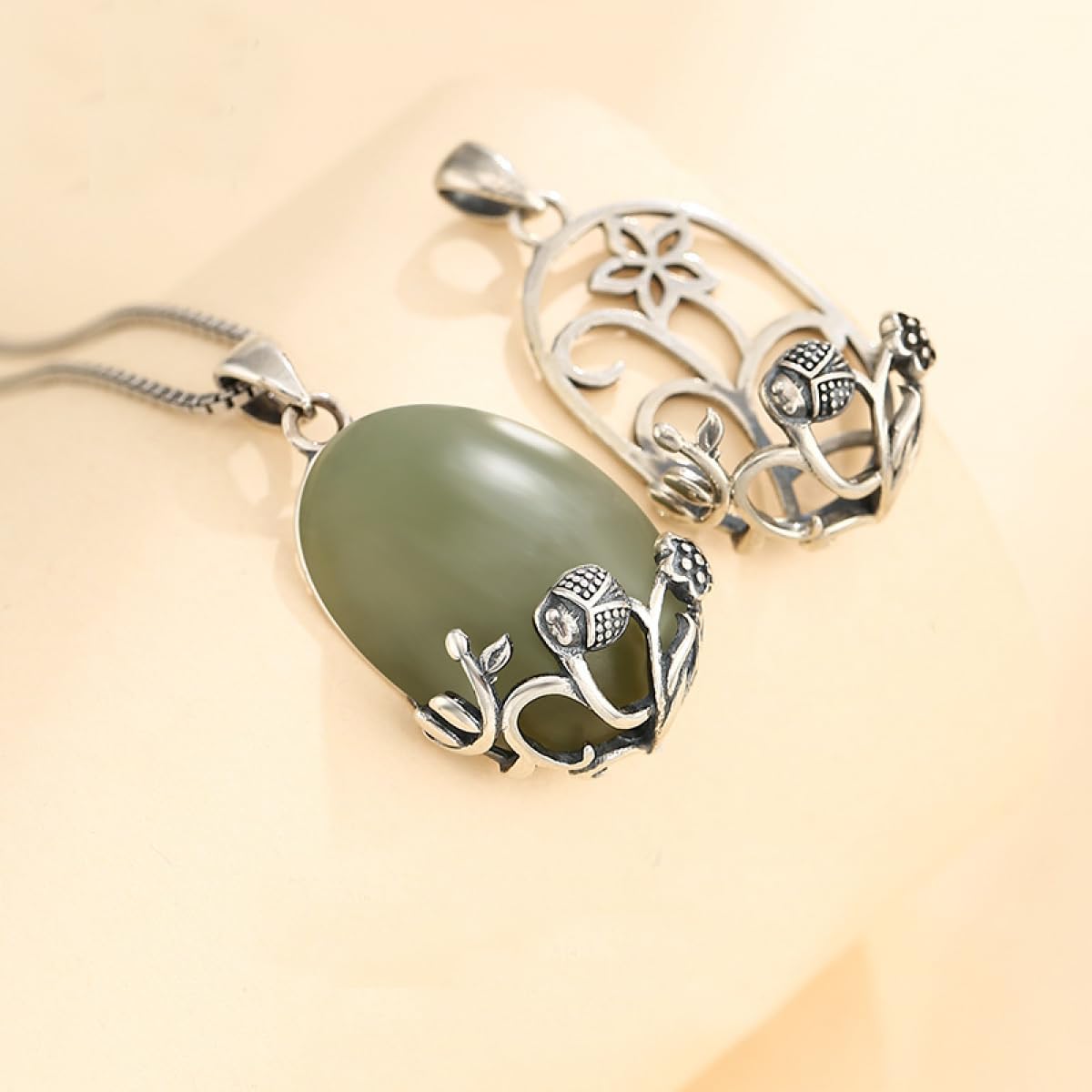 Thai Sterling Silver Hollow Flower Pendant Charm Cabochon Setting Trays fit 15X21mm Oval Stone Mount Pendant Base Blanks DIY Necklace Bezels for Jewelry Making