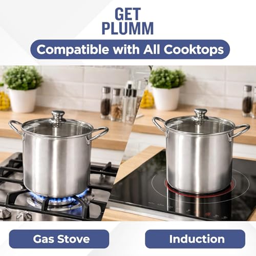Image of Get Plumm Stainless Steel Stock Pot 7.6 litres | 32.5x24x21 | Handi /Biryani Pot /Dutch Oven | Induction Bottom | Cook and Serve Pot | Casserole | Cooking Pot | 100% Toxin Free