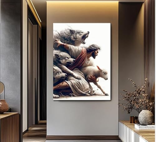 MALEDO Jesus and Lamb Canvas Wall Art Jesus Saves the Lost Sheep Christian Picture Wall Decor Shepherd Protect a Lamb from Wolves Painting Poster Print Artwork for Living Room Bedroom Church Decor - Thumbnail 2