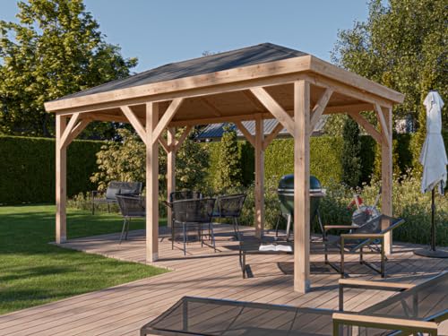 Woodtex Pavillon Gartenlaube | BxTxH: 490 x 290 x 290 cm | Sockelmaß BxT: 470 x 270 cm | Pfostenstärke: 11,5 x 11,5 cm | Douglasie-Holz | Walmdach
