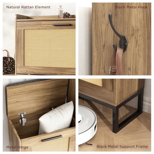 Image of Maupvit Shoe Cabinet Storage for Entryway with Bench, Rustic Oak Rattan Narrow Shoe Cabinet with 2 Flip Drawers, Wooden L-Shaped Shoe Rack Slim Shoes Storage Organizer for Hallway, Entrance
