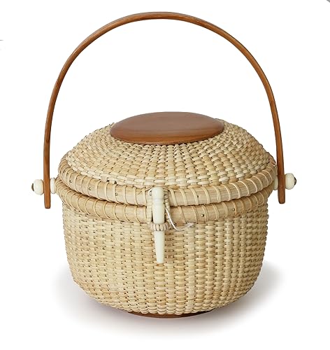 Teng Jin Circular Nantucket Evening Bag handbag Covered Baskets Are Handy Hardwood Swing handles Cane-on-cane weave 5 inches