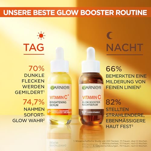 Garnier Vitamin C Serum Set für Tag & Nacht – Anti-Pigmentflecken Gesichtspflege mit 4% Niacinamid + Salicylsäure (Tag) & 10% reinem Vitamin C (Nacht) – Für strahlende Haut & Glow – 2x 30ml 4