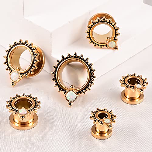 Vankula Ecarteur Oreilles 1 Paire Double Évasé Plug Tunnel Opale en Acier Inoxydable Piercing Bijoux pour Femmes Hommes 8mm(0G) Or – vue 5