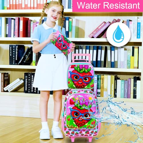 KLFVB Girls Rolling Backpack, 3PCS Kids Roller Bookbag with Lunch Bag, Wheeled School Bag for Children - Strawberry3