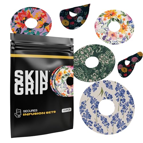 Image of Skin Grip Universal Adhesive Patches for CGM and Insulin Pumps (10-Pack), 0.8-Inch Hole, Waterproof & Sweatproof for 10-14 Days, Pre-Cut Adhesive Tape, Continuous Glucose Monitor Protection, Floral