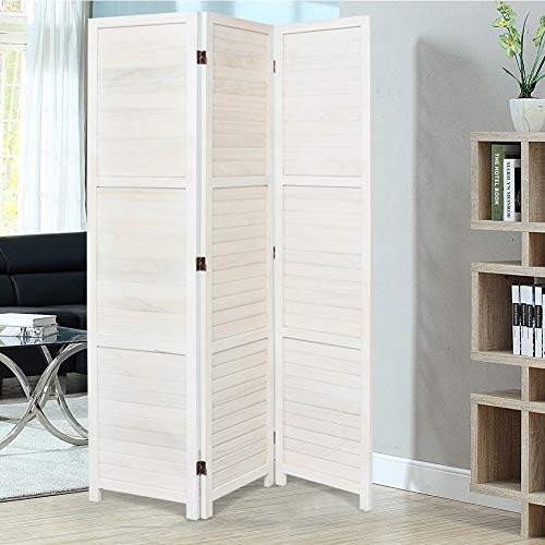 INMOZATA 3 Panel Folding Privacy Screen Room Divider, Paulownia Solid Wood Movable Partition Screen Decorative for Living Room, Bedroom, Study, Office, 120 x 170cm White