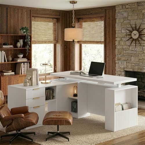 Image of 63 Inches L Shaped Standing Desk, Executive Standing Desk with Drawers and File Cabinet, AC /USB, 1.18 inch Desktop, Multi-Sized Storage Cubby, Privacy Panel, Fluted Computer Desk, White