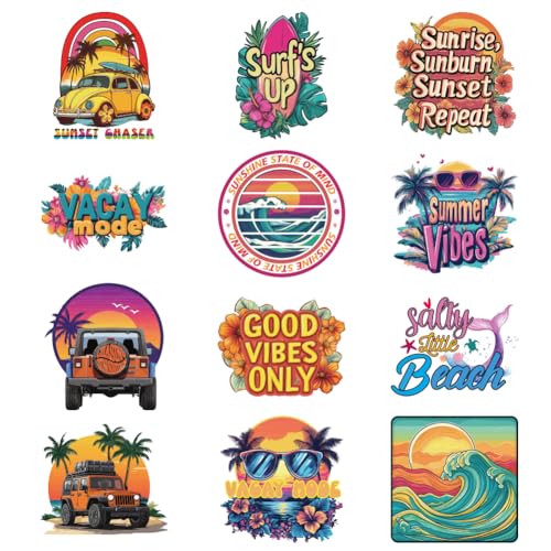 arricraft 12PCS thème d'été film de transfert thermique logo autocollants, 12 plage palmiers arc - en - ciel transfert textile thermocollant thermique t -...