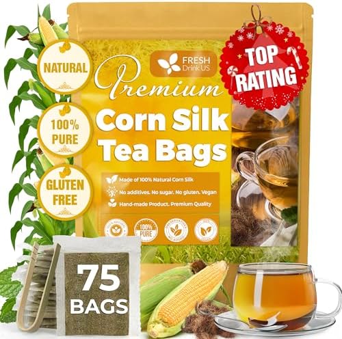 FreshDrinkUS, Premium 75 Bags Corn Silk Tea, 100% Natural & Pure. Made with Eco-Conscious Tea Bags. No Sugar, No Caffeine, Vegan.