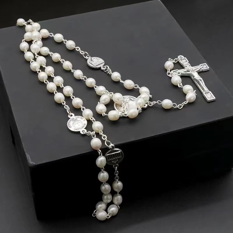 Rosary Beads Catholic for Woman - AAA+ White Vintage Oval Natural Real Pearl Rosary Beads. - Image 3