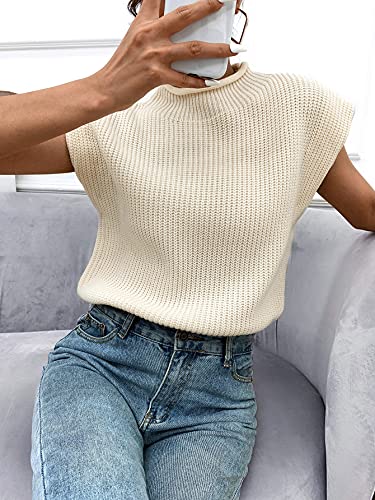 Gorglitter Women's Mock Neck Short Cap Sleeve Sweater Vest Casual Solid Knit Pullover Top Beige Large #TOP4