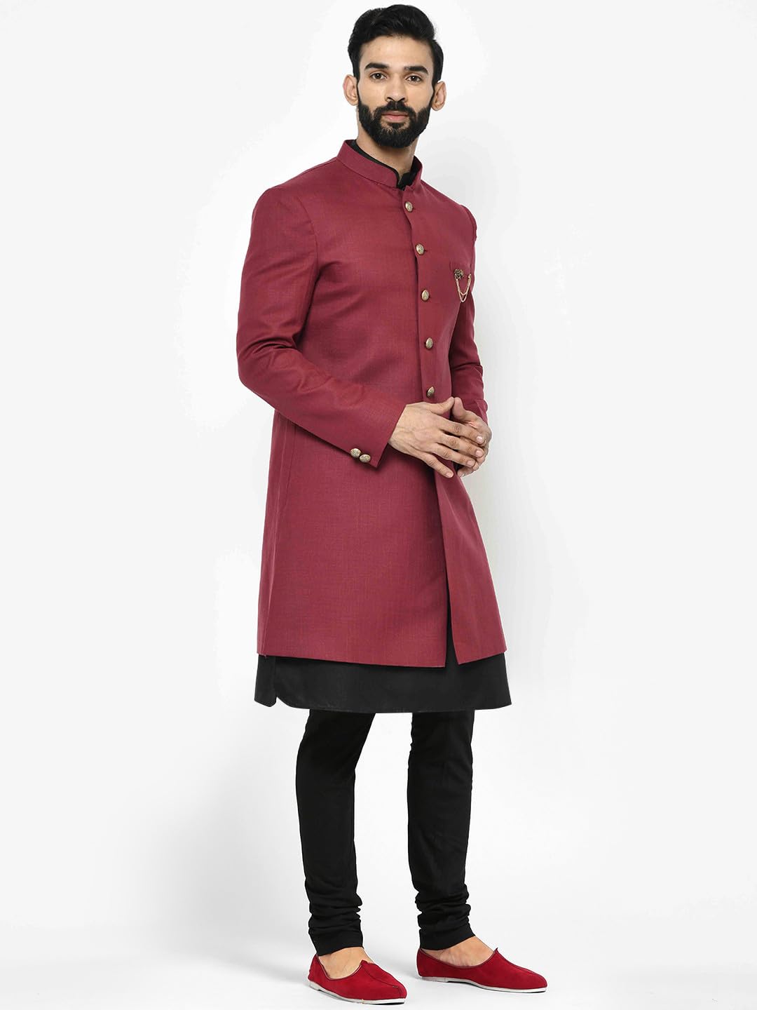 Kisah Men's Indo-Western Kurta Sherwani Churidar Set, Maroon Cotton Blend, Solid Dyed Regular Fit Mandarin Collar Full Sleeves (44)