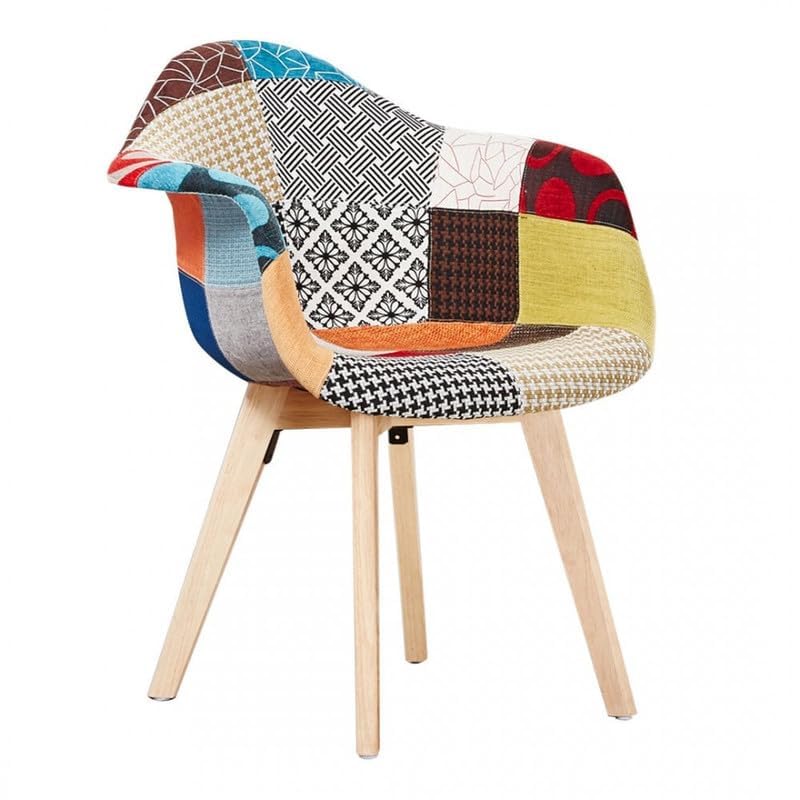 P&N Homewares Patchwork Dining Chair - Mid-Century Modern Fabric Chairs with Wooden Legs, Foam Cushioning & Ergonomic Shell - Armless Accent Chair for Dining Room, Office, Caffe or Living Space