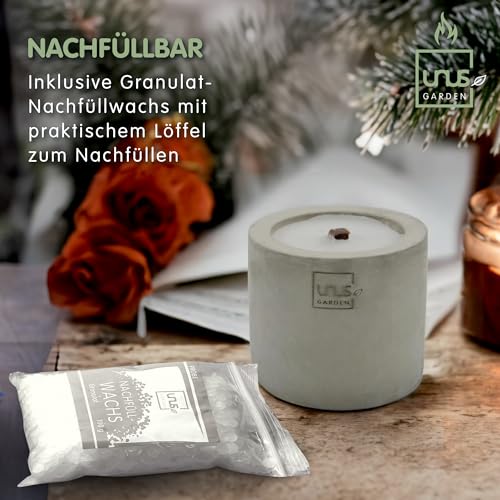 UNUS Beton- Feuer Outdoor Beton Kerze Zylinder, 100g Nachfüllwachs, Löschbrett und Löffel zum Nachfüllen, Tischkamin mit Dauerdocht, Tischfeuer Recycling Kerzenwachs-3