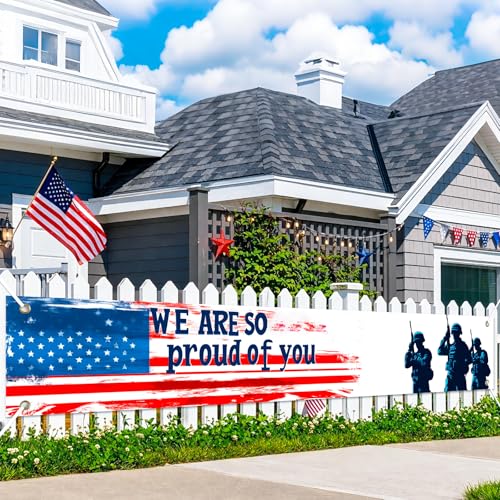 Image of BlissYard Patriotic Banner We Are So Proud of You Banner for Outside American Flag Military Banner 118 x 20 Inch 4th of July Welcome Home Veterans Decorations for Yard Fence Porch