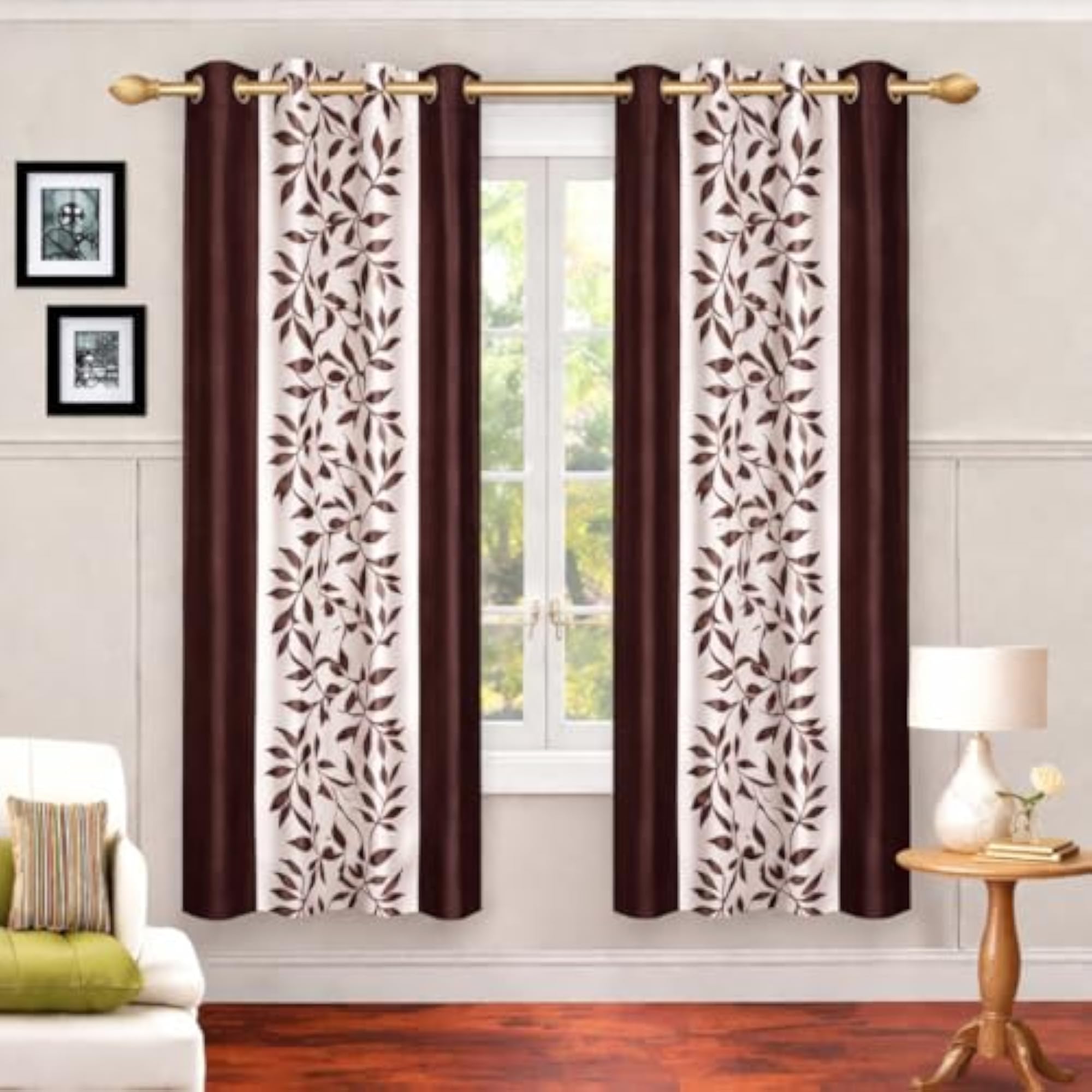 Set of 2 Semi Transparent Eyelet Polyester Curtains, Modern Leaf Design