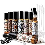 Roller Bottles for Essential Oils Roller Ball Applicator 8 Pack, 10ml Amber Rollerball Bottle Thick Glass Empty with Oil Perfume Lip Gloss DIY Kits Boho Stickers Leak-Proof Refillable for Travel, Gift
