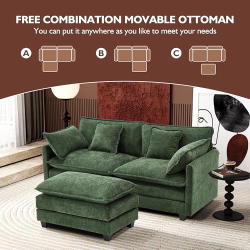 Image of Ihanherry 77 inch L Shaped Modern Sofa Modular Sectional Cloud Couch with Ottoman, 3-Seat Chenille Deep Seat Sofa with Pillow for Living Room, Bedroom and Apartment, Green
