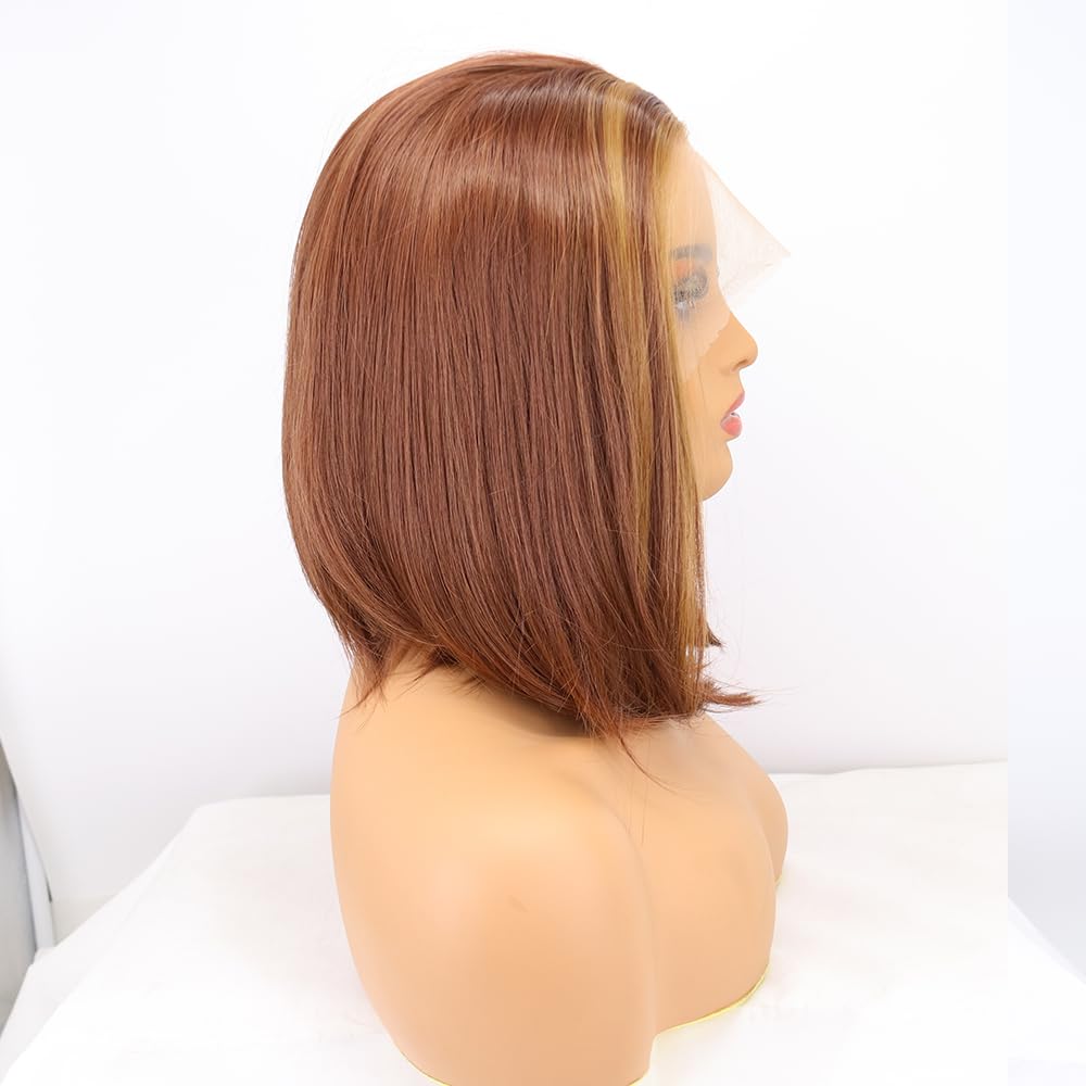 xiweiya Brown Short Wigs Blonde Highlight Brown Hair Synthetic Lace Front Wig Black Brown Color Bob Wig Middle Part Heat Resistant Fiber Hair for Women 14inch - Image 3