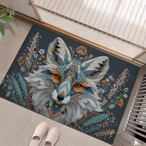 Bleu-Vert Paillasson pour Extérieur et Intérieur - Graffiti Animal Renard Welcome Tapis - 45 x 75 cm Tapis de Propreté Antidérapant pour Porte de Maison et...