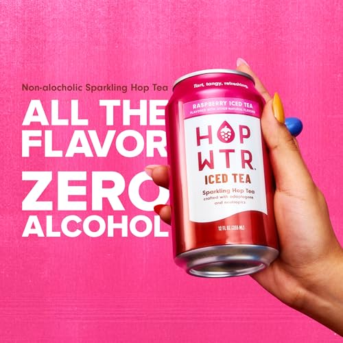 Image of HOPWTR Raspberry Iced Tea, Non Alcoholic Sparkling Tea with Adaptogens, Nootropics & Vitamin C, Zero Sugar Zero Calorie Functional Beverage, Gluten Free Hop Water Drink (12 Pack, 12oz Cans)
