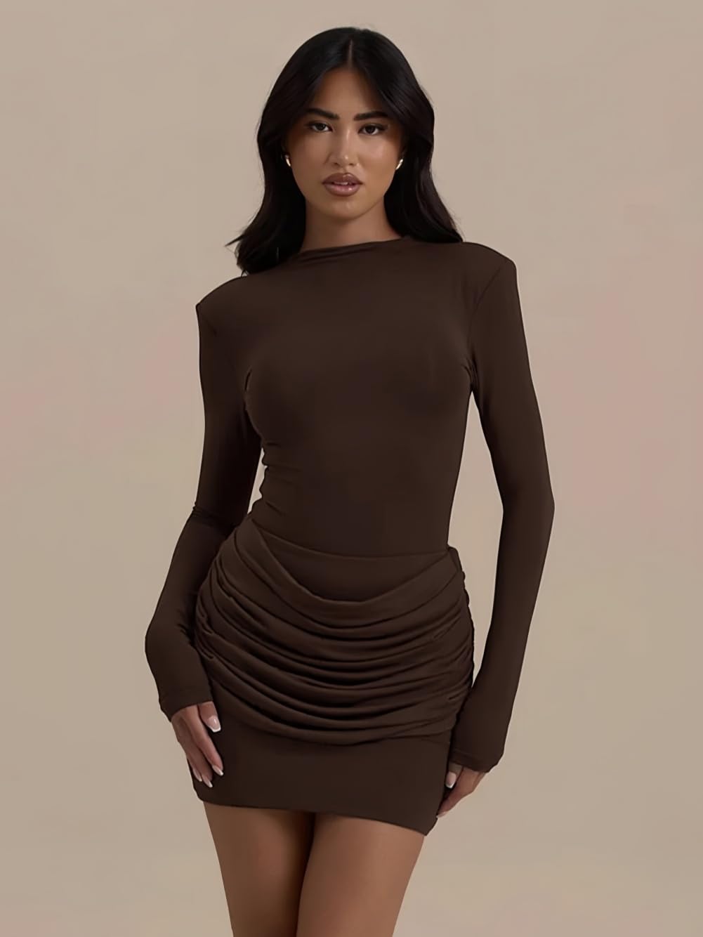 Vestito Donna Elegante Maniche Lunghe Collo Alto Mini Abito con Drappeggio Sexy Vestiti Corto Aderente Tubino Abiti per Festa Discoteca Sera Cocktail Autunno Inverno Casual Streetwear