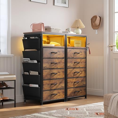 Image of EnHomee Nightstands Set of 2 with 5 Drawers, Dresser with Charging Station and LED Light, Tall Nightstand with Extra Side Bag & Hooks, Bedroom, Closet, Hallway, Entryway, Rustic Brown