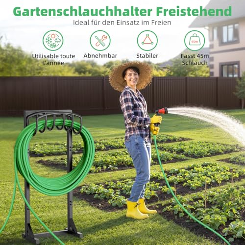 iRhodesy Gartenschlauchhalter Freistehend, 109,5 cm, strapazierfähiger, freistehender Wasserschlauchhalter mit 4 Spießen, Gartenschlauchhalter für bis zu 45 m Schlauch, für Garten, Rasen, Terrasse