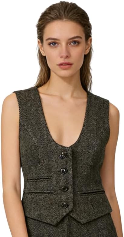 Womens Suit Vest Herringbone Dressy Sleeveless 4 Button Waistcoat with Pockets Adjustable Back Buckle