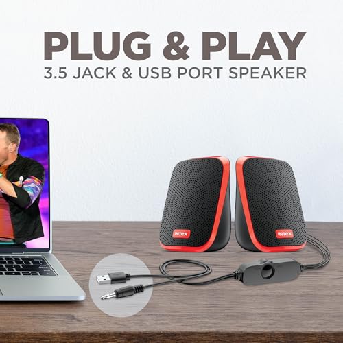 Image of Intex IT-120 2.0 USB Computer Multimedia Speaker, 10W Powerful Sound, USB Powered, 3.5mm Aux Connectivity, in-Line Volume Control Pod for PC, Laptops, Desktop & Mobiles - Orange