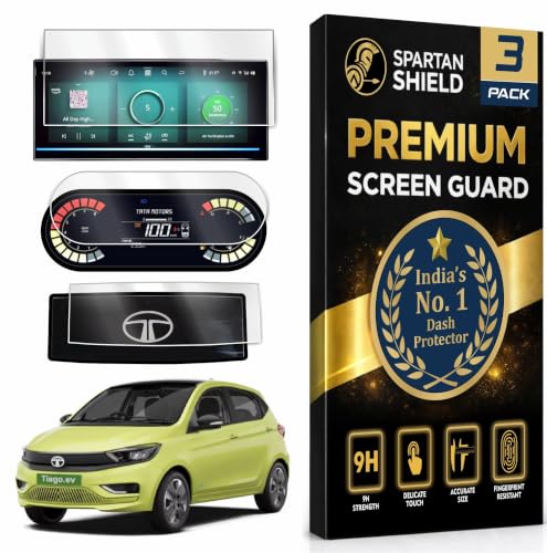 Image of SPARTAN SHIELD [3 PACK] Screen Guard For TATA TIAGO EV 2025 || XZ+ LUX Tech || 10.25 Inch Infotainment [Thin Corner] + 4-inch Instrument Cluster + Steering Panel Protector || Anti Scratch | Water Resistant | HD Clear | High Touch Sensitivity | TiagoEv 9H Car Display Accessories [Not Tempered Glass] [Not Compatible with New 2026 Facelift Model]
