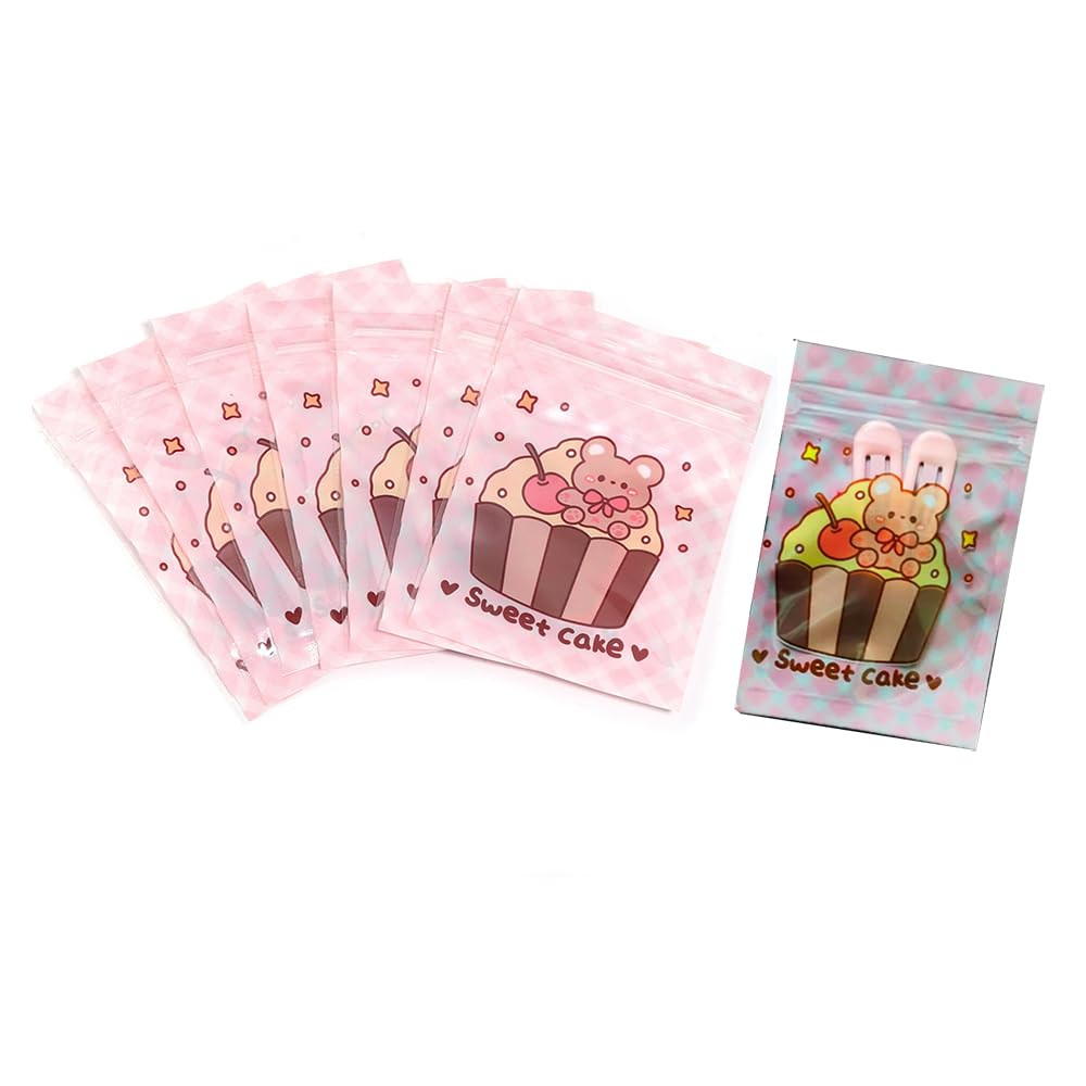 50 Pieces 7.5x11cm Small Cartoon Resealable Bags Cute PP Bag For Jewelry Packaging Bags Premium Adorable Anime Gift Bag (Pink bear)