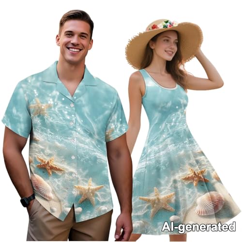 Image of Hawaii Matching Couple Outfits Husband and Wife Clothing Fashionable Mens Casual Shirts Hawaii Dress with Soft Fabric