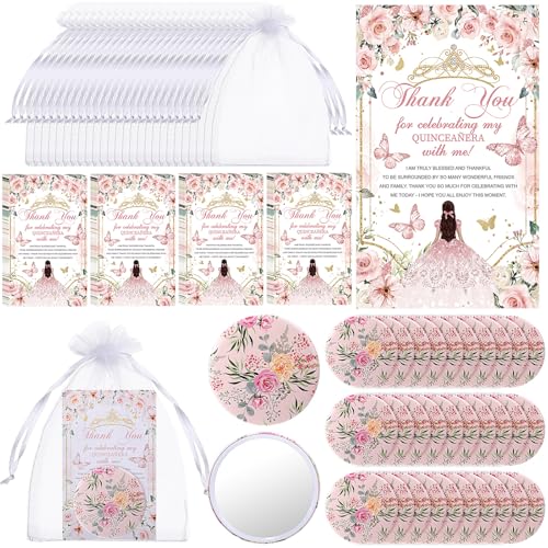 Yuntau 30 Sets Quinceanera Party Favors for Guests Floral Design Compact Pocket Mirrors Thank You Cards Organza Bags Wedding Decoration Sweet 15 Birthday Party Gift for Bridal Souvenir