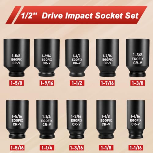 Image of 1 /2 inch Impact Axle Nut Socket Set 10 Pieces, Drive Deep CR-MO 6 Point (1-1 /16 inch to 1-5 /8 inch) SAE Sockets, for Auto Repairing and Household, with Storage Box