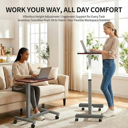 Premimax Adjustable Overbed Table with Wheels, Pneumatic Height Lift Rolling Bedside Table, Standing Desk for Home & Office Use, Ideal for Seniors & Limited Mobility(Walnut Brown)