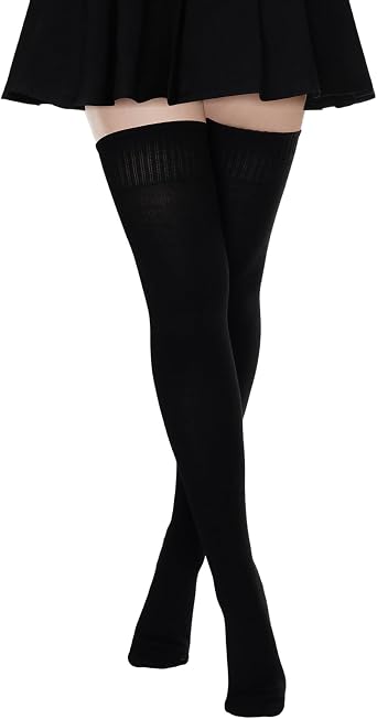 Sucrain Womens Black Thigh High Socks Over the Knee Boot Socks Long Cotton Knit Warm Thick Stockings Leg Warmers