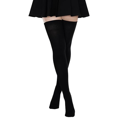 Sucrain Women's Black Thigh High Socks Over the Knee Boot Socks Long Cotton Knit Warm Thick Stockings Leg Warmers