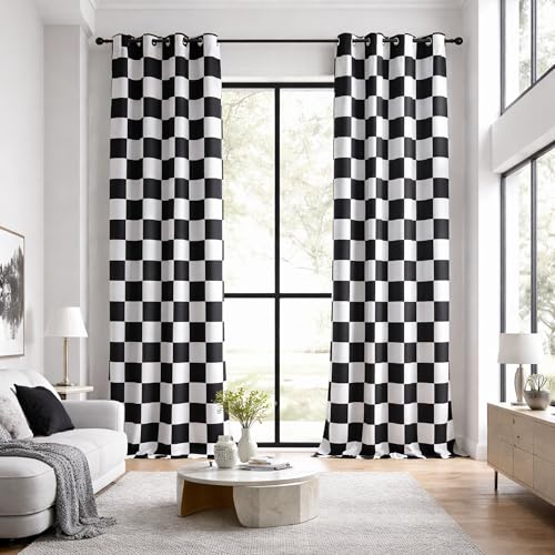 BOHOMOCASA 100% Blackout Curtains – Black and White Checkered Race Flag Pattern, 2 Panels, Each W52×L108, Thermal Insulated, Nosie Reducing for Bedroom, Living Room, Race car Drapes