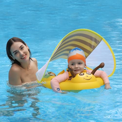 Image of Free Swimming Baby Inflatable Baby Pool Float Ring Size Improved Bumble Bee Toddler Swim Trainer with Canopy for Age of 3-36 Months (Yellow, Small)