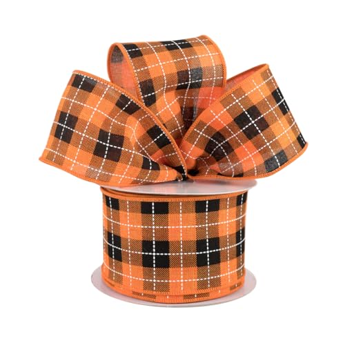 Image of Holiday Cider Plaid Wired Ribbon - 2 1 /2 inch x 50 Yards, Orange, Green, Red, Fall Plaid, Fall Decor, Christmas Ribbon, Thanksgiving, Garland, Wreath, Bows, Halloween, Gift Basket, Autumn Fundraiser