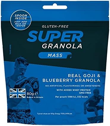 Super Granola – Mass, Real Goji Berries and Blueberry | Gluten-Free | 20g High Quality Protein | Biodegradable spoon included, just add water – 80g (Pack of 12)