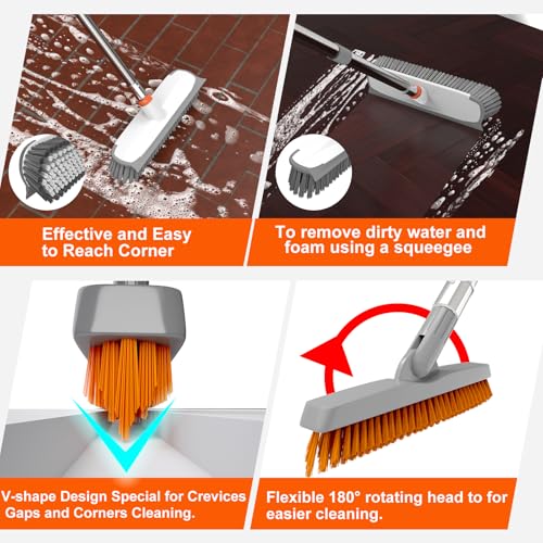 Image of ITTAR Floor Scrub Brush & V-Shape Grout Brush with Long Handle, Orange