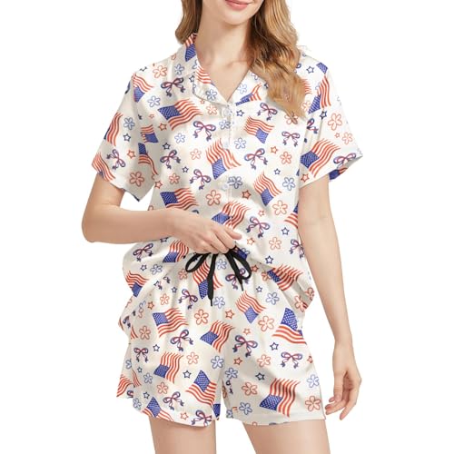 Image of Silk Satin Pajama Set for Women Summer Lounge Pjs Sets 2 Piece Suit Ladies Button Down Tops And Shorts Sleepwear
