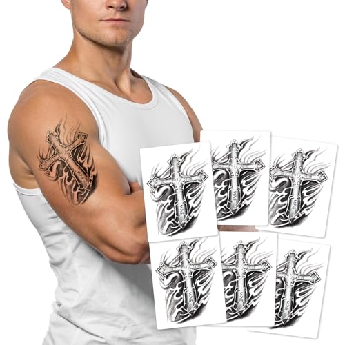 6-Sheet Arm Temporary Tattoos with Mysterious Cross, Waterproof Fake Tattoo Stickers for Men Arm Body Chest Art, Long Lasting Realistic
