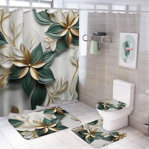 HDESDIS 4Pcs Geometric Flower Shower Curtain Set with Rugs, Toilet Lid Cover and Bath Mat, Gold Floral 3D Art Green Leaves Plants Bathroom Curtains Decor Shower Curtains, 72" x 72"