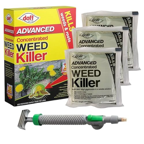 Weed Killer Kit with 1 x Doff Advanced Concentrated Weedkiller (3 Sachets) Weedkiller for Paths & Drives & a Reusable Compact Mini Garden Sprayer Pump Spray Bottle Attachment