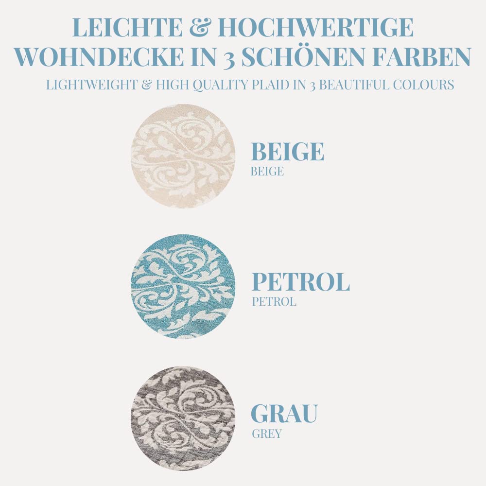Carenesse Jacquard Tagesdecke Single Size Barock 150 x 200 cm grau I Edle & zarte Wendedecke aus 100% Baumwolle mit hochwertiger Webung I Überwurf für Bett & Sofa I Wohndecke dünn & leicht